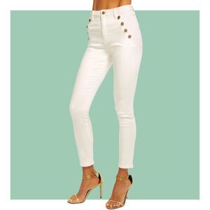 Ramy Brook High Rise Helena Skinny White Jeans with Side Pocket Gold Buttons NWT